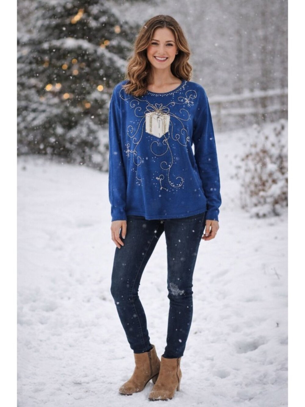 N Touch Knit Top L Blue Embellished Beaded Gift Design Cozy Cottagecore Y2K